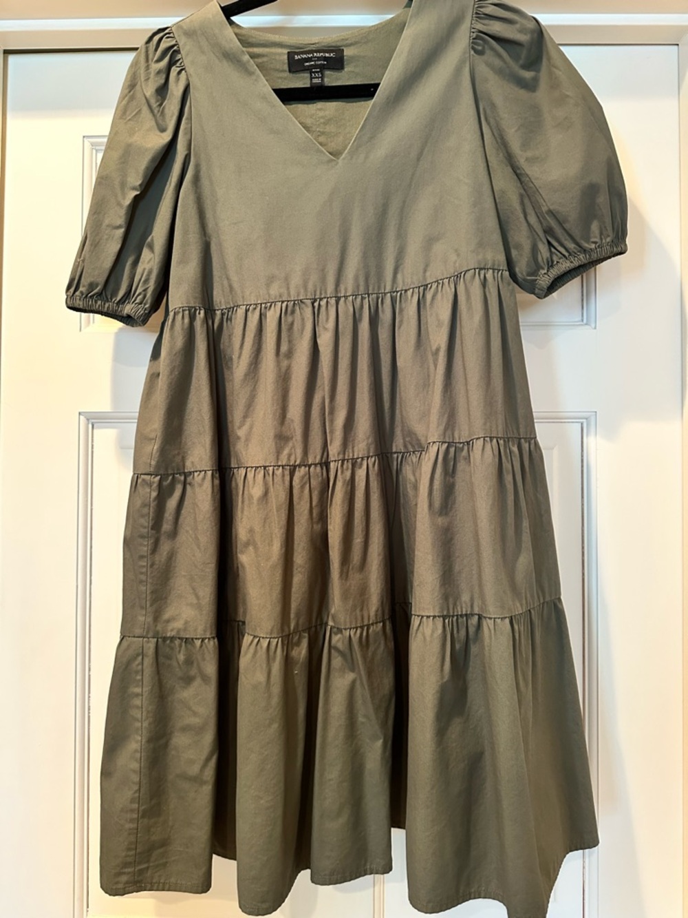 Banana Republic Olive Green Puff Sleeve Tiered Dress